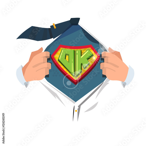 man open shirt to show "Okay Typographic design"  - vector illustration
