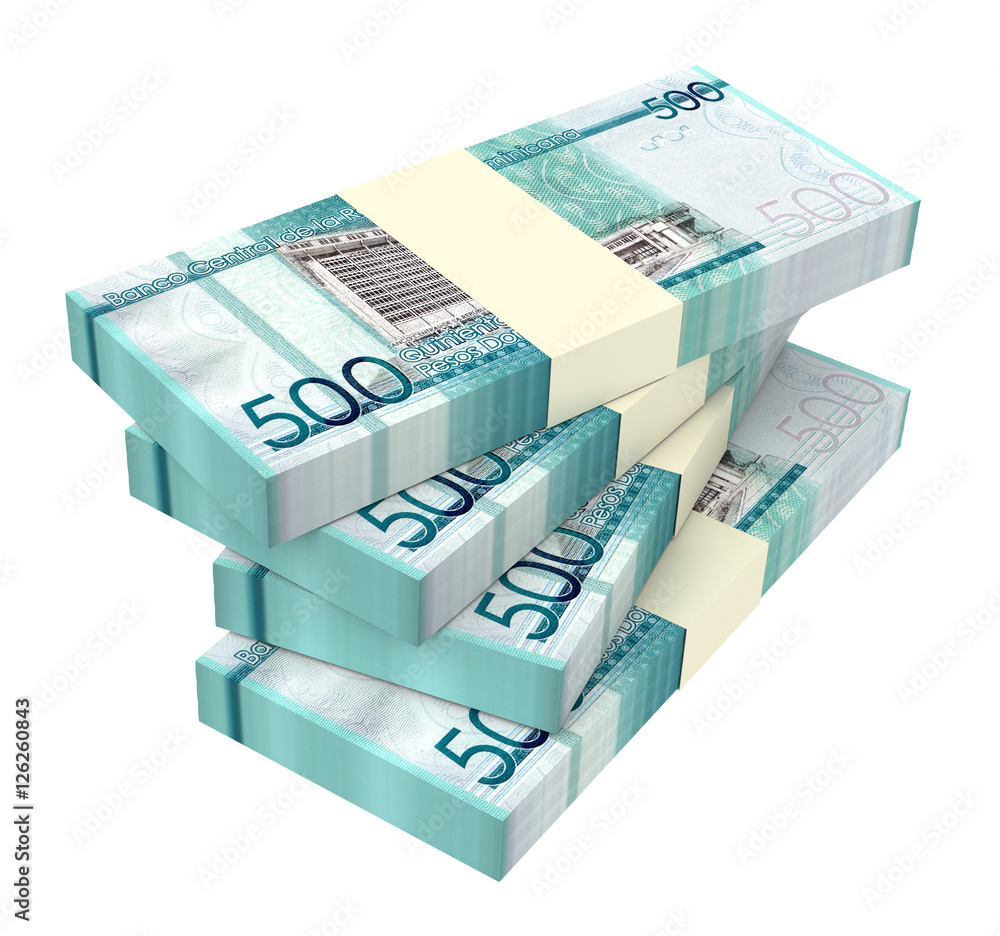Dominican peso bills isolated on white background. 3D illustration. Dominican peso bills isolated on white background. 3D illustration.