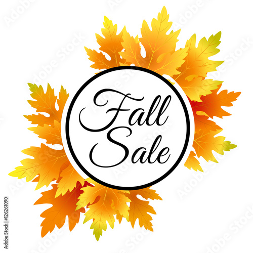 Autumn, fall sale flyer template with lettering. Bright fall maple leaves. Poster, card, label, banner design. Vector illustration. Fall sale design.