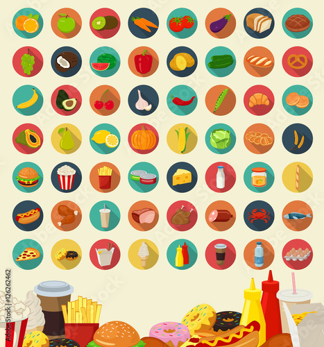 Set of flat design icons for food and drink. Vector