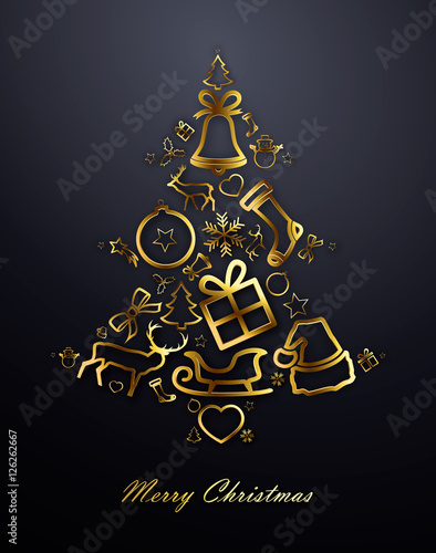 Christmas tree with gold decorations on black background