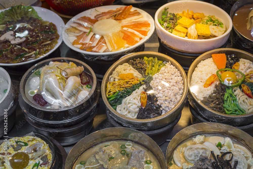 Korean side dishes at local market in Seoul, South Korea.