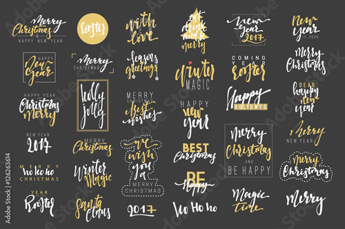 Merry Christmas and Happy New Year 2017 luxury calligraphy emblems set. New golden inscriptions holidays, vector logo, text design. Usable for banners, greeting cards, gifts etc.