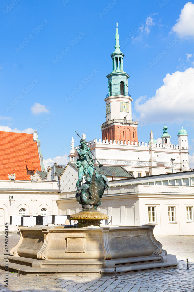 fountain of Fountain of Neptune, details of old market square in Poznan at summer day, Poland