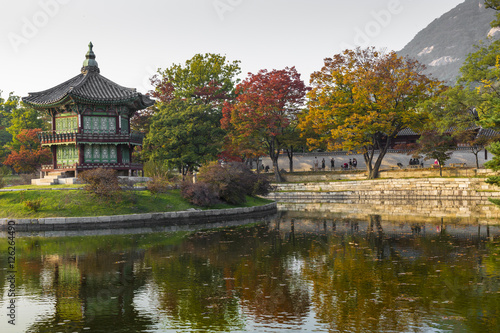 Emperor palace at Seoul. South Korea. Lake. Mountain. Reflection