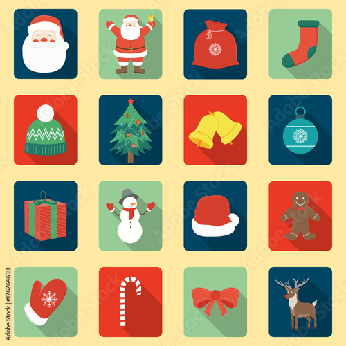 Set of Christmas Icons. Flat design style with long shadow. Vector