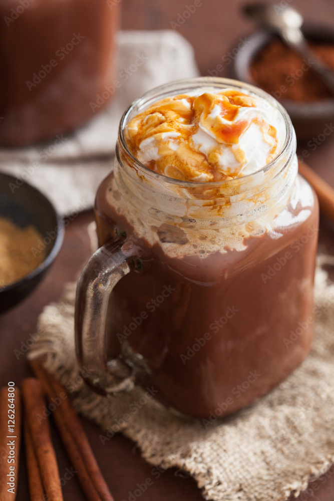 hot chocolate with whipped cream caramel in mason jar hot chocolate with whipped cream caramel in mason jar