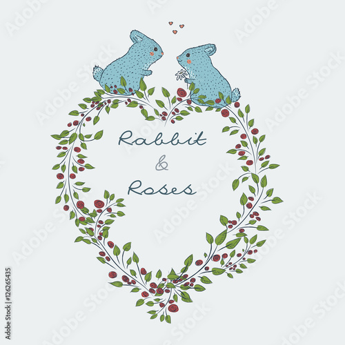 Fotografija Collection of hand-drawn cute natural frame from branches of a rose with a blue rabbit