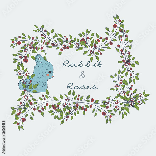 Fotografija Collection of hand-drawn cute natural frame from branches of a rose with a blue rabbit