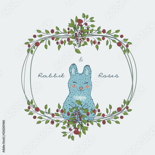 Fotografija Collection of hand-drawn cute natural frame from branches of a rose with a blue rabbit