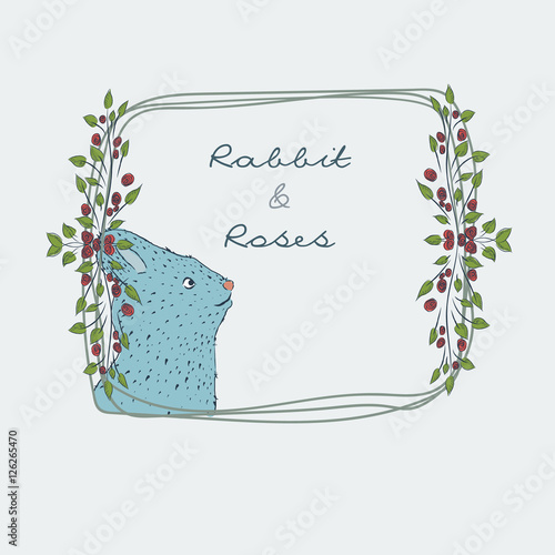 Slika na platnu Collection of hand-drawn cute natural frame from branches of a rose with a blue rabbit