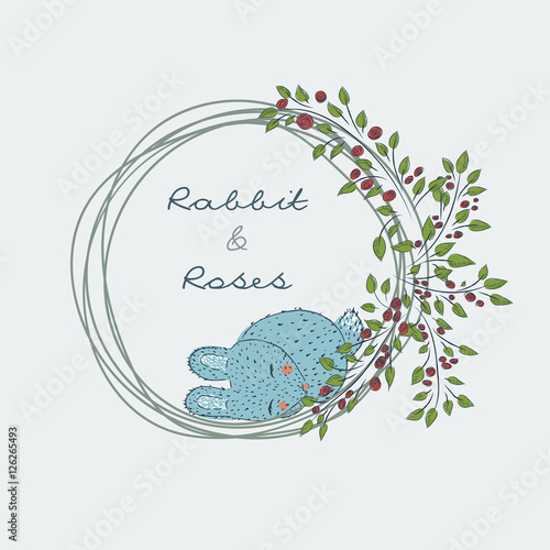Fotografija Collection of hand-drawn cute natural frame from branches of a rose with a blue rabbit