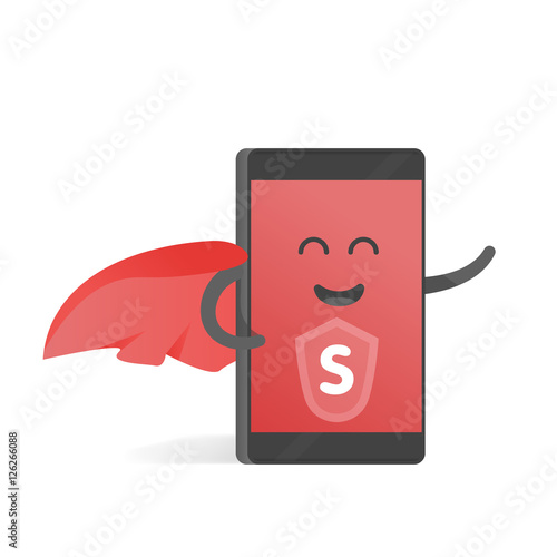 Smartphone concept of superhero with a red cape. Cute Cartoon character phone with hands, eyes and smile