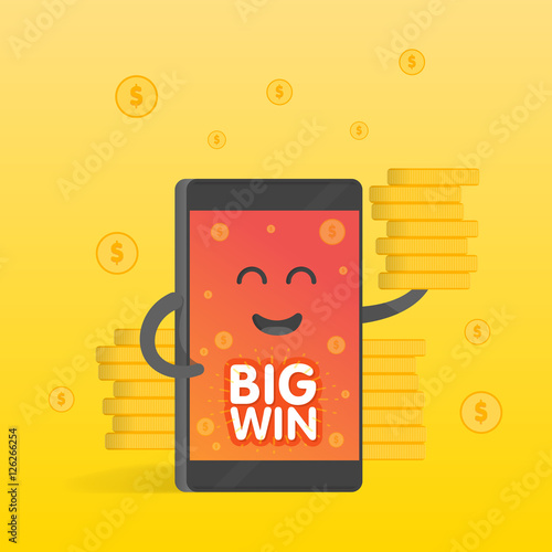 Smartphone concept of money earnings, a lot of coins. Background of the money falls. Cute cartoon character phone with hands, eyes and smile