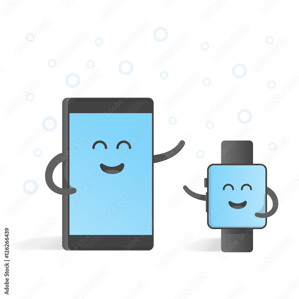 Smartphone concept connections with smart watches. Cute Cartoon character phone with hands, eyes and smile Smartphone concept connections with smart watches. Cute Cartoon character phone with hands, eyes and smile