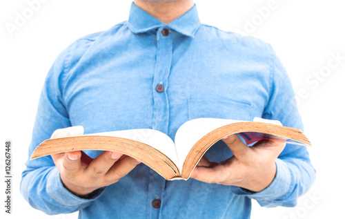 Man reads a book isolated on white background