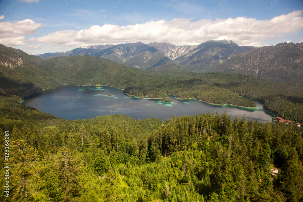 Eibsee lake and mountains aerial view, Germany