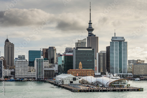 Auckland City CBD, Sky Tower & Waterfront with dramatic sky