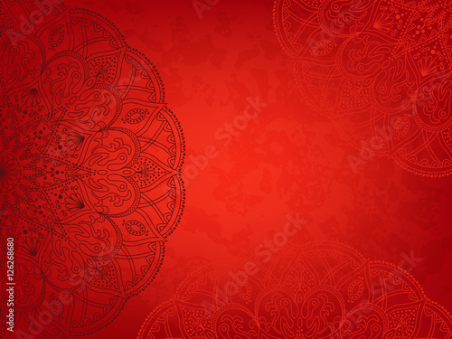 Horizontal red background with oriental round pattern and texture of old paper. Vector illustration. photo