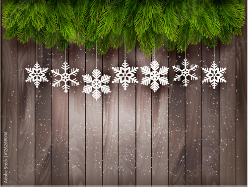 Christmas decoration on old wooden background. Vector
