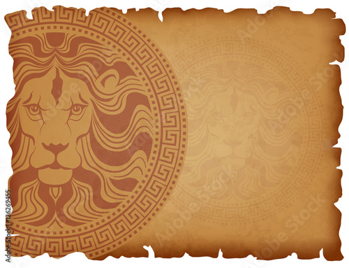 Old paper background. Horizontal background with antique locket with lion head . Manuscript with charred edges. Vector illustration.