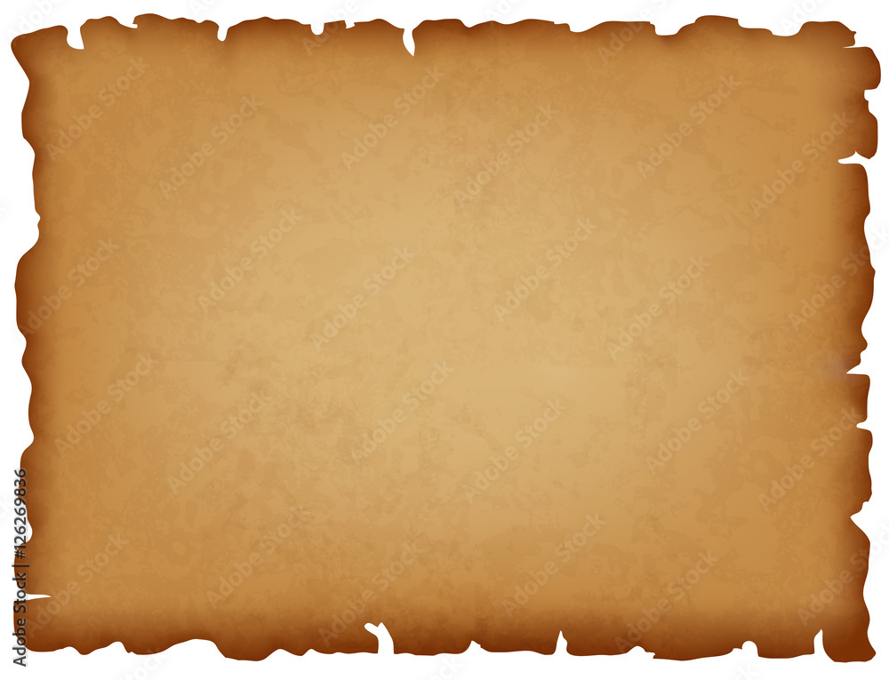 Old paper background. Horizontal textured background. Manuscript with charred edges. Vector illustration.