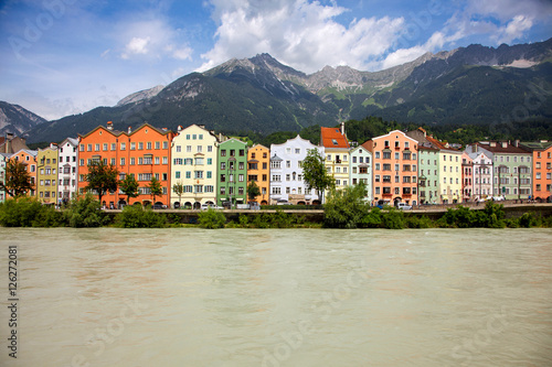 The Inn river and colorful old buildings from Innsbruck, Austria