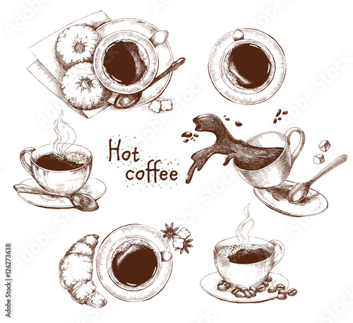Hand drawn collection of cups of coffee in vintage style. Vector illustration