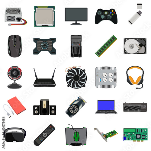 computer parts flat icons set