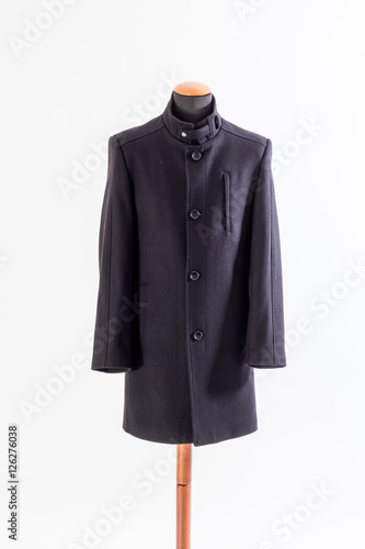 Elegant black coat for men on a white background