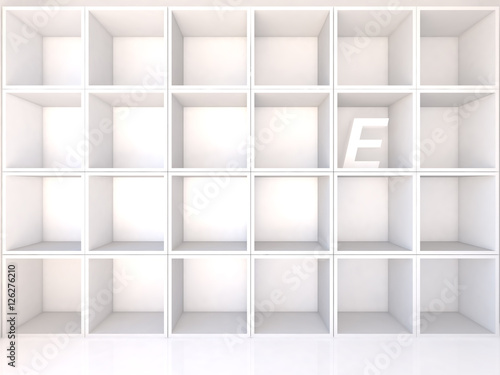 Empty white shelves with E