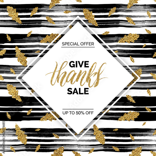 Give Thanks sale vector text on seamless pattern of gold autumn leaves on striped background, special offer thanks giving sale, golden shiny discount text for flyer, poster, banner, print,