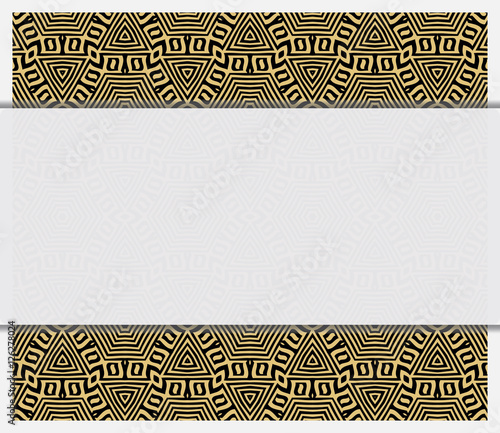 invitation template. gold geometric pattern on a black background. space for text. vector illustration.