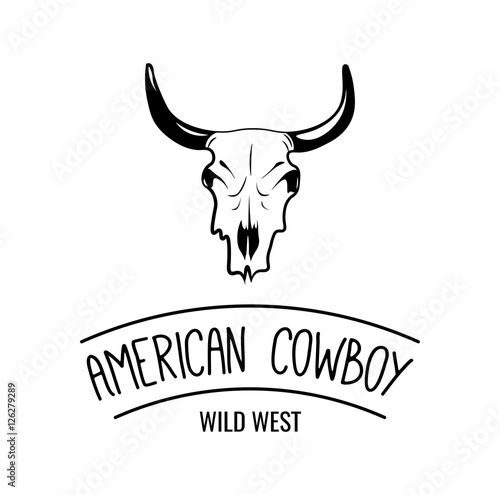 Wild west cow skull with horns. True Cowboy Rodeo Label. Vector Illustration.