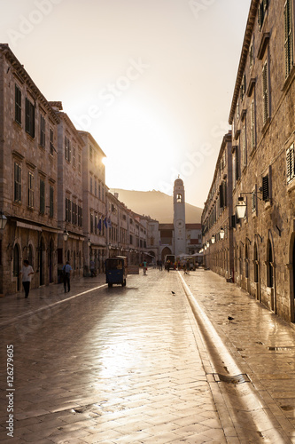 Stradun street at old part of the city early in the morning. Dubrovnic, Croatia. Fortification.