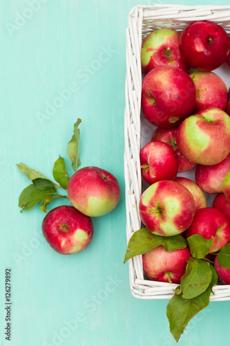 Top view on white basket full of fresh red organic apples on turquoise background. Autumn Harvest. Healthy snack.