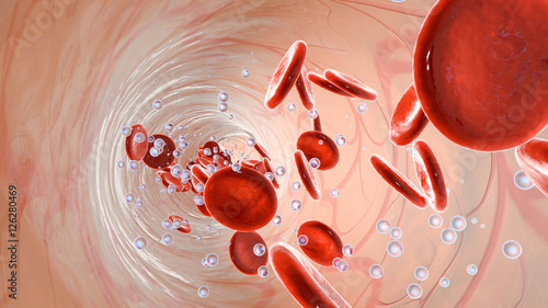 Photo Oxygen molecules and Erythrocytes floating in the blood stream