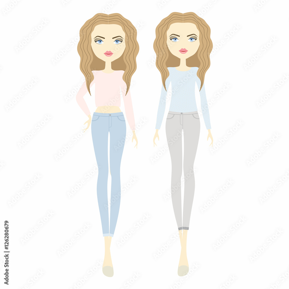 young woman trendy clothes. Set vector fashion girls. young woman trendy clothes. Set vector fashion girls.