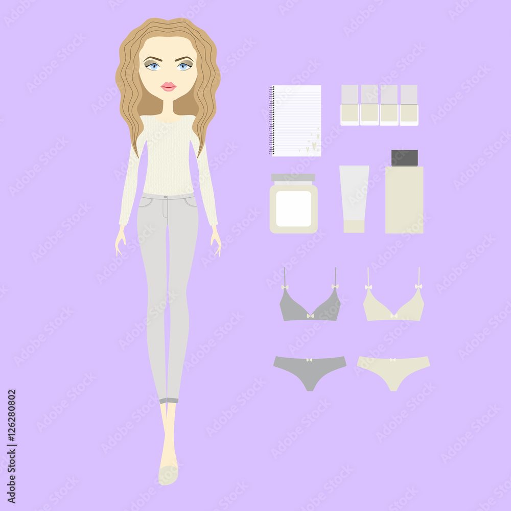 underwear. cosmetics. notebook. young woman in fashionable cloth underwear. cosmetics. notebook. young woman in fashionable cloth