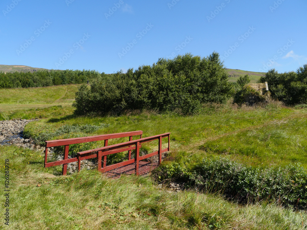 Landschaft mit Bach und Holzbrücke in Island