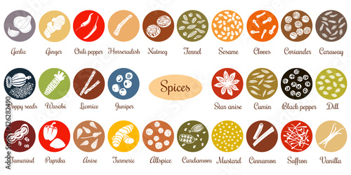 Big set of flat culinary spices. White Silhouettes