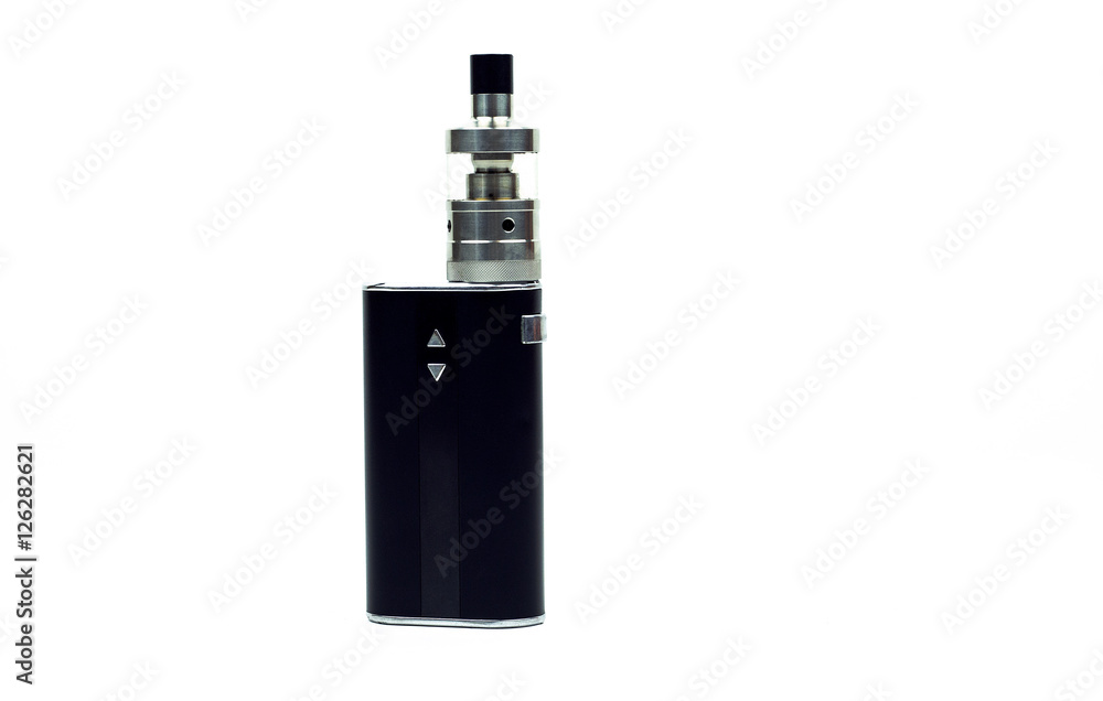 Black e-cigarette vaping box mod isolated Black e-cigarette vaping box mod isolated