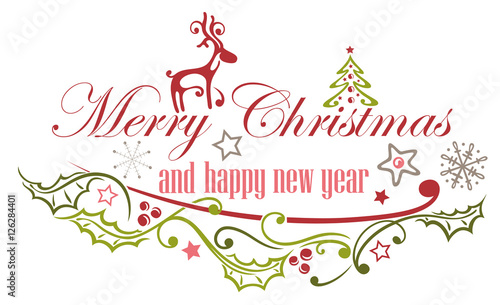 Merry Christmas Dekoration mit Rentier  Stechpalme und Weihnachtsbaum
