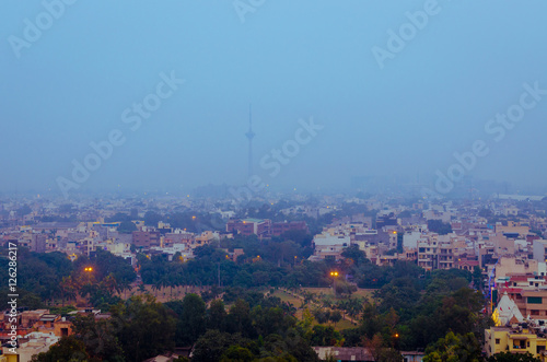 Tv Tower in smog pollution New Delhi City India