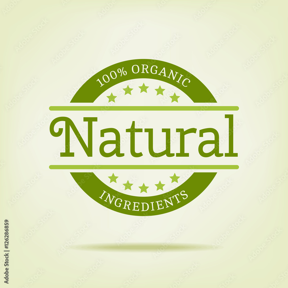 100% organic natural vector logo. Logotype template vintage element in white color for restaurant menu or food package. Natural ingredients product badge. Flat label.