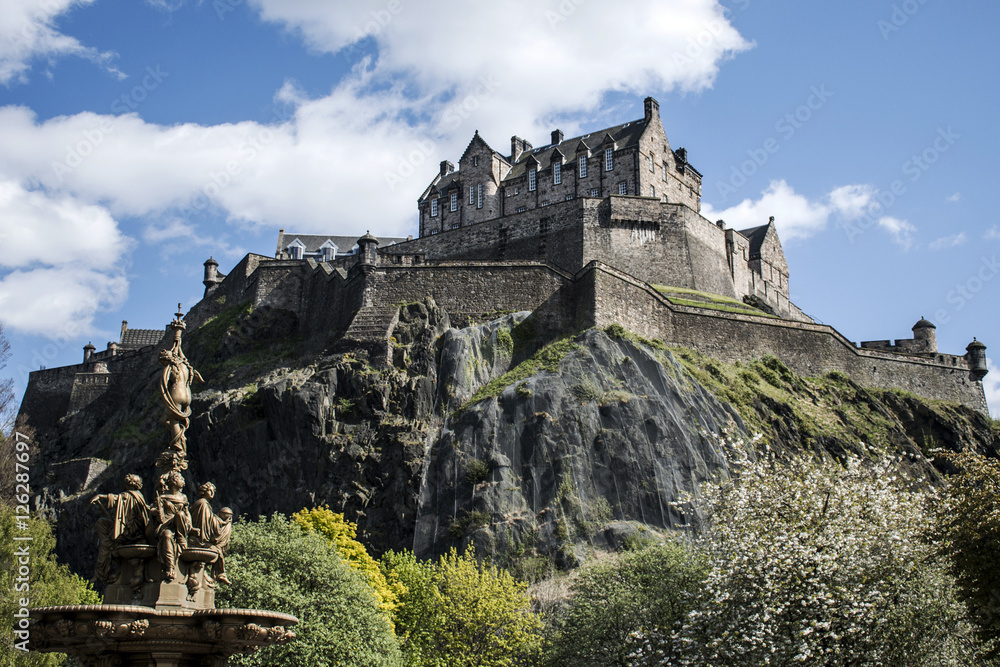 Edinburgh city historic Castle Rock sunny Day ross fountain
