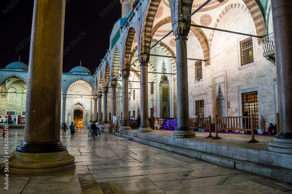 Courtyard of the Sultan Ahmet Mosque (Blue Mosque) in Istanbul, Turkey at night