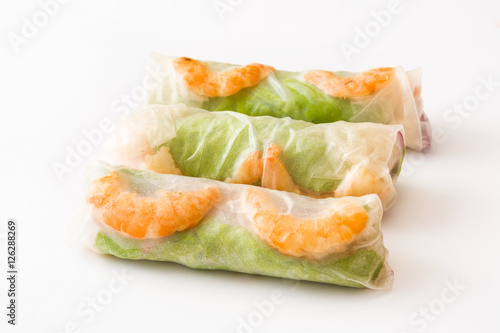 Vietnamese rolls with vegetables, rice noodles and prawns isolated on white background