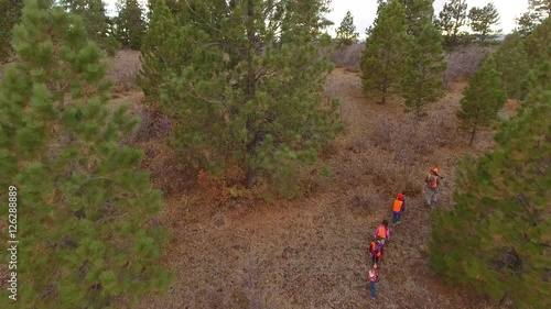Aerial shot of a family walking through the woods hunting