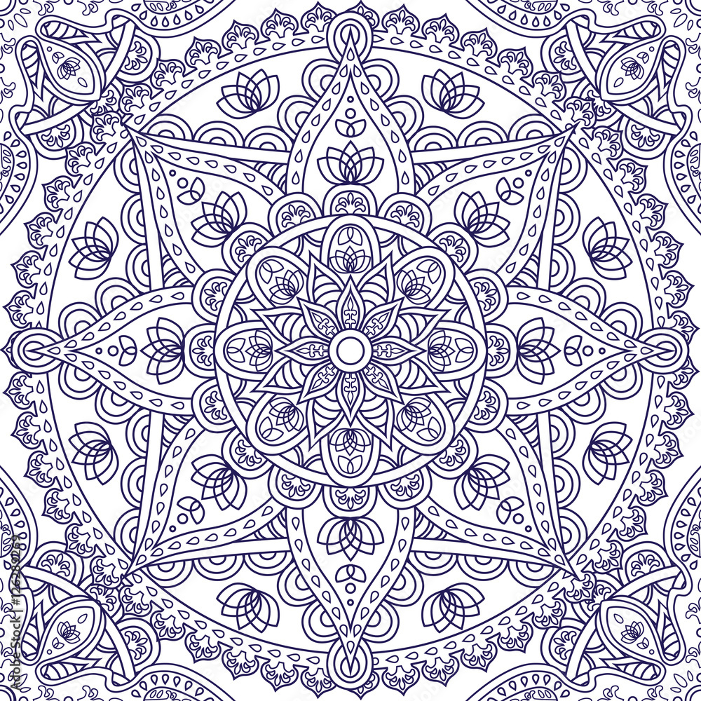 Oriental seamless pattern. Blue outline square Arabic, Indian, American, Moroccan ethnic ornament such as adult coloring book, batik, t-shirt print. Mandala. Vector illustration. Oriental seamless pattern. Blue outline square Arabic, Indian, American, Moroccan ethnic ornament such as adult coloring book, batik, t-shirt print. Mandala. Vector illustration.